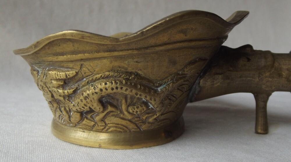 AUTHENTIC ANTIQUE CHINESE BRONZE & ENAMEL DRAGON SILK PAN IRON