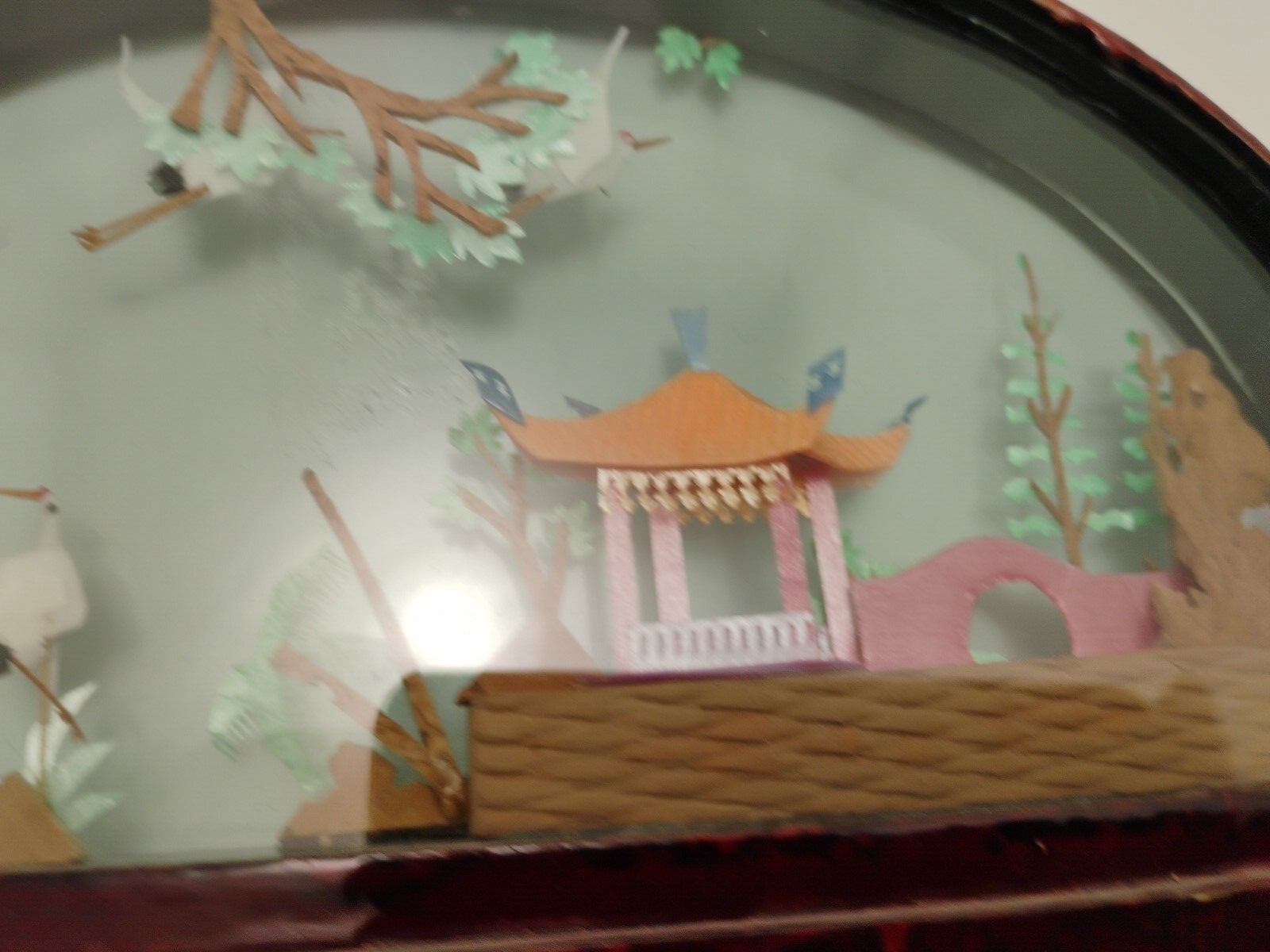 Vintage Chinese Cork Art HAND MADE Oval Lacquered Wood Glass 14×2″ Beautiful