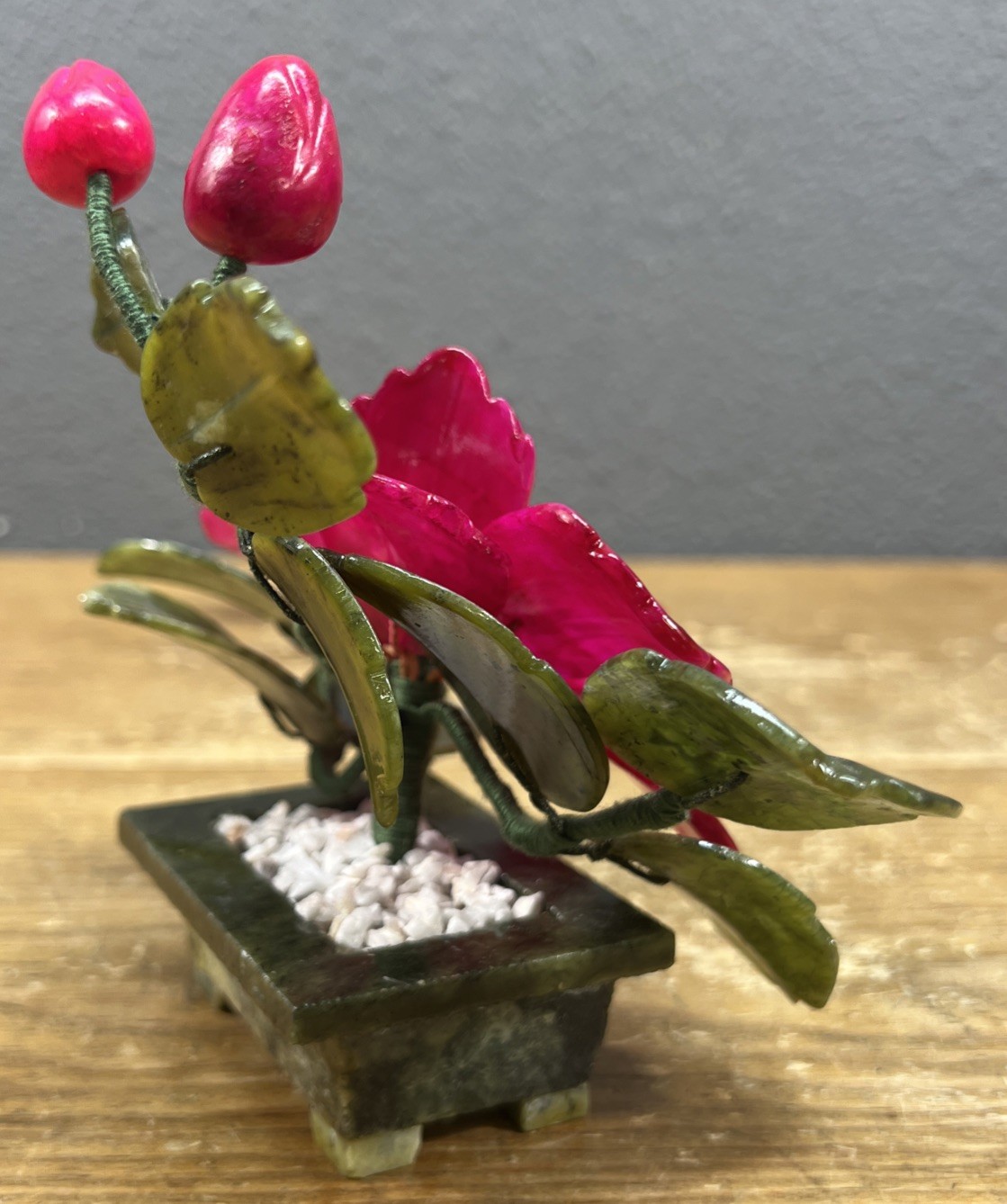 Vintage Japan Carved Stone Jade Bonsai Flowering Tree