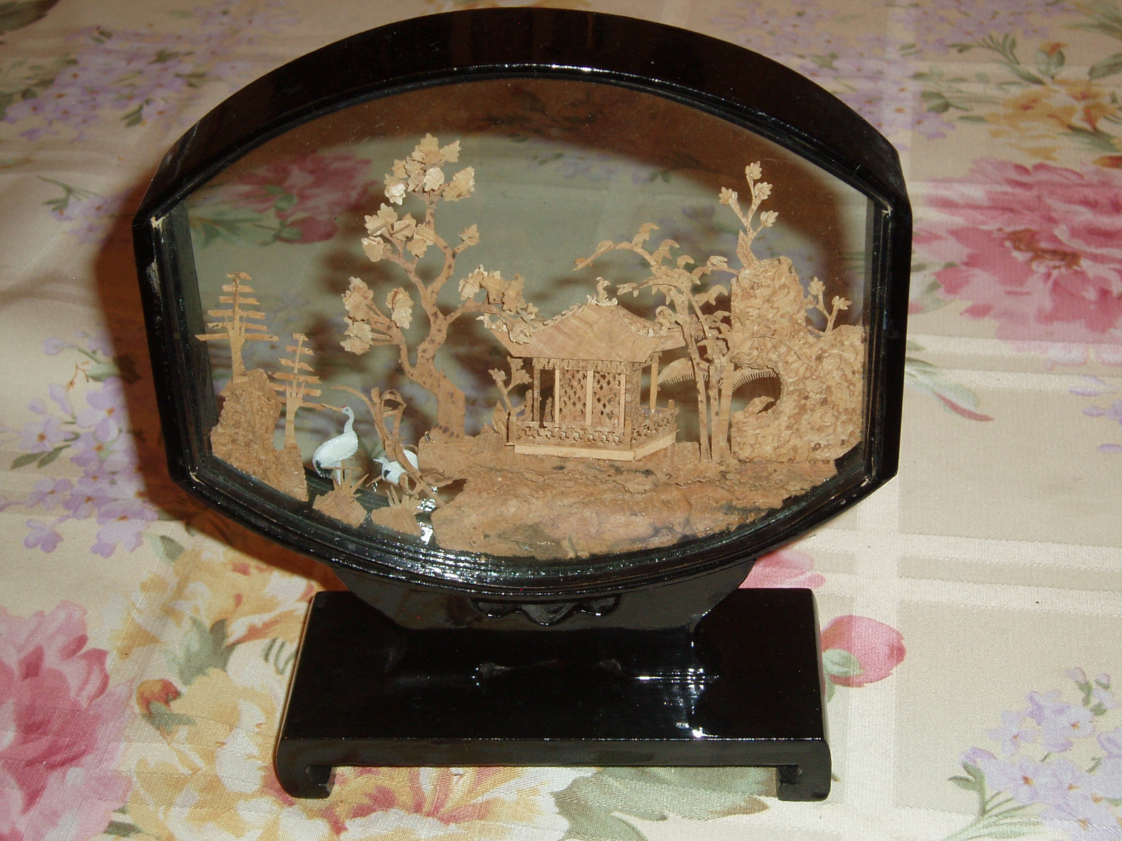 Vintage Chinese Artwork Cork Sculpture Rounded Display Pagoda Cranes Trees