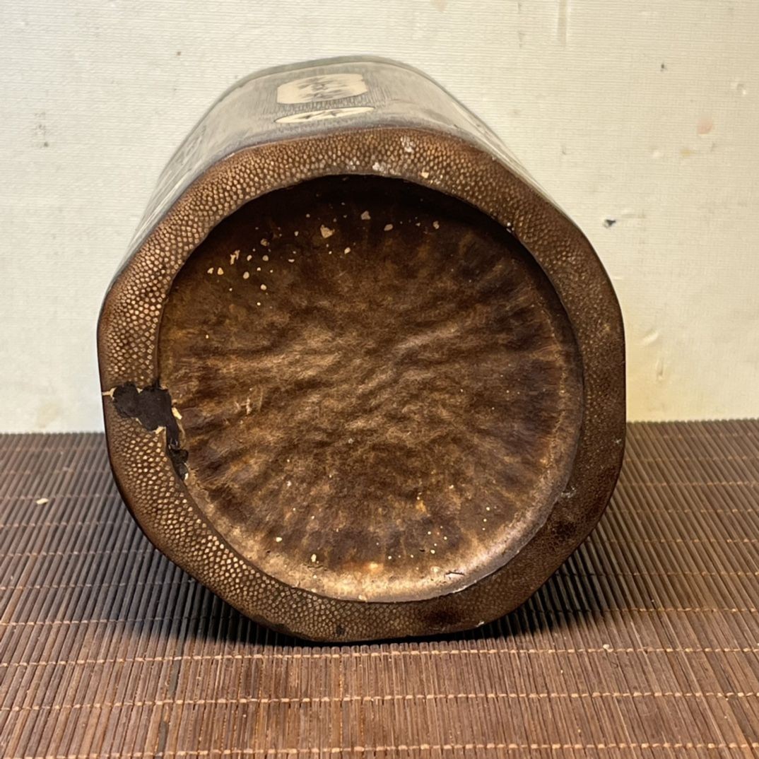 Vintage Bamboo Brush Pot 15×11cm Inlaid Carved Chinese Antique Desk Ornament