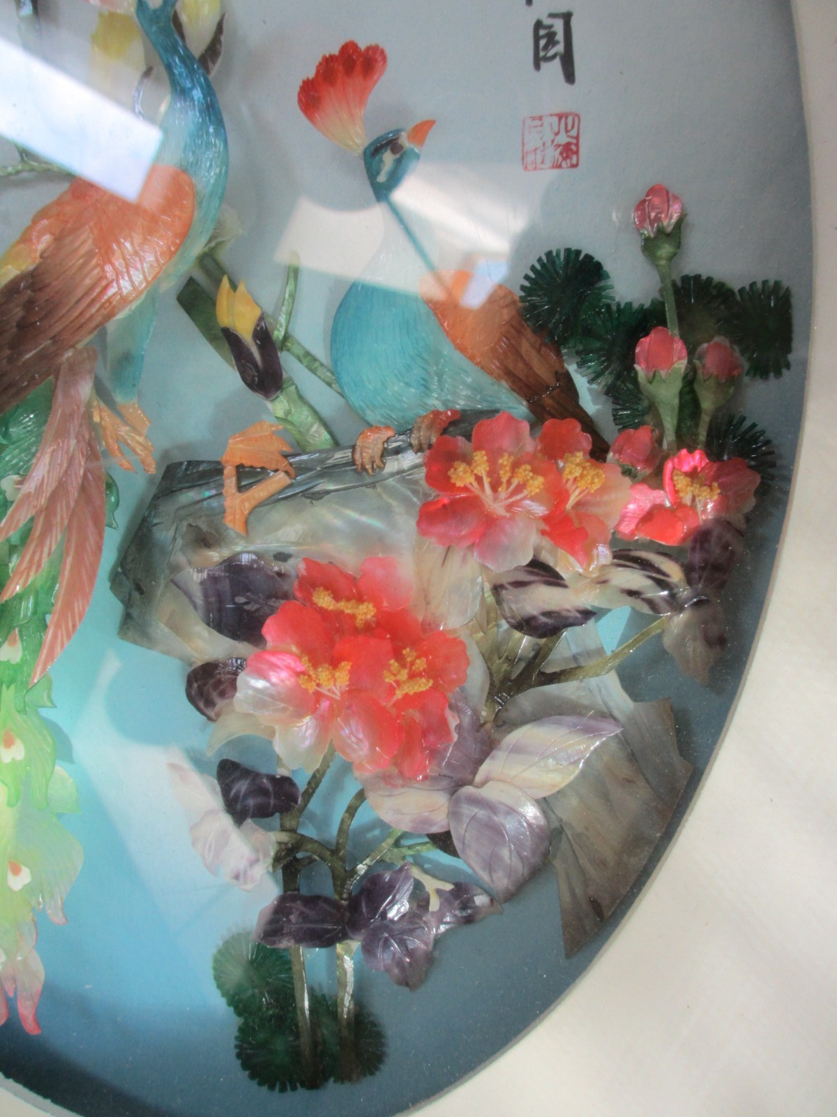 Chinese Carved Shell Art Shadow Box Birds and Flowers 15″ X 11″