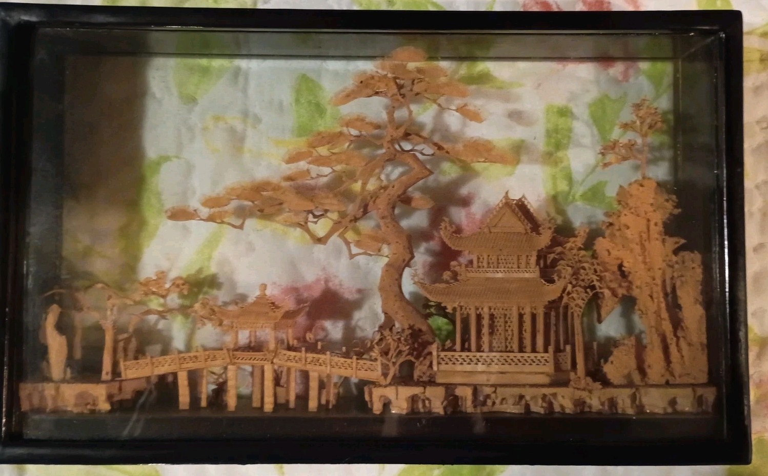 Chinese Cork Art Vintage Cranes Rare Pagoda Tree Art landscape , See Photos
