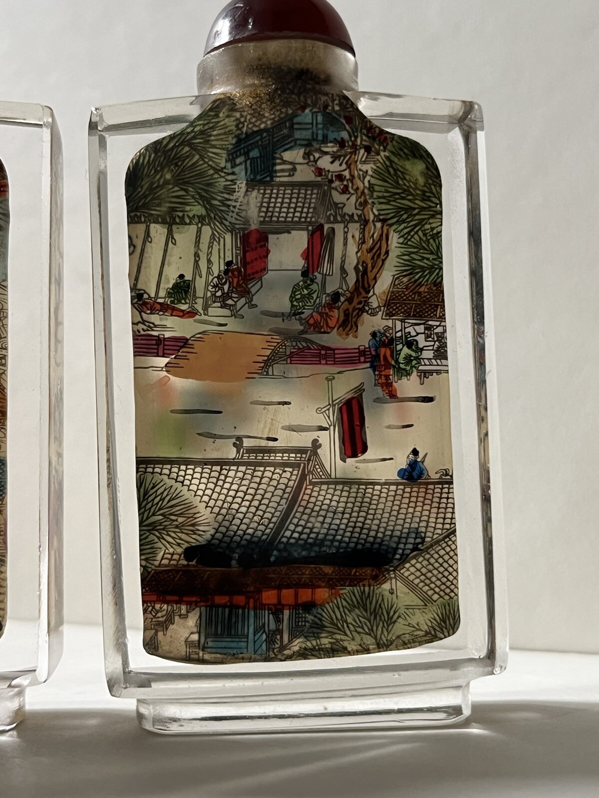 4 Vintage 50s Chinese Intricate Reverse Painted Glass Snuff Bottle River Scenes