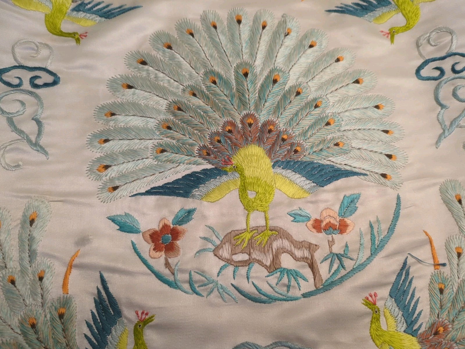 Antique Tray, Silk & Gold Thread Dragon, Framed Silk Panel