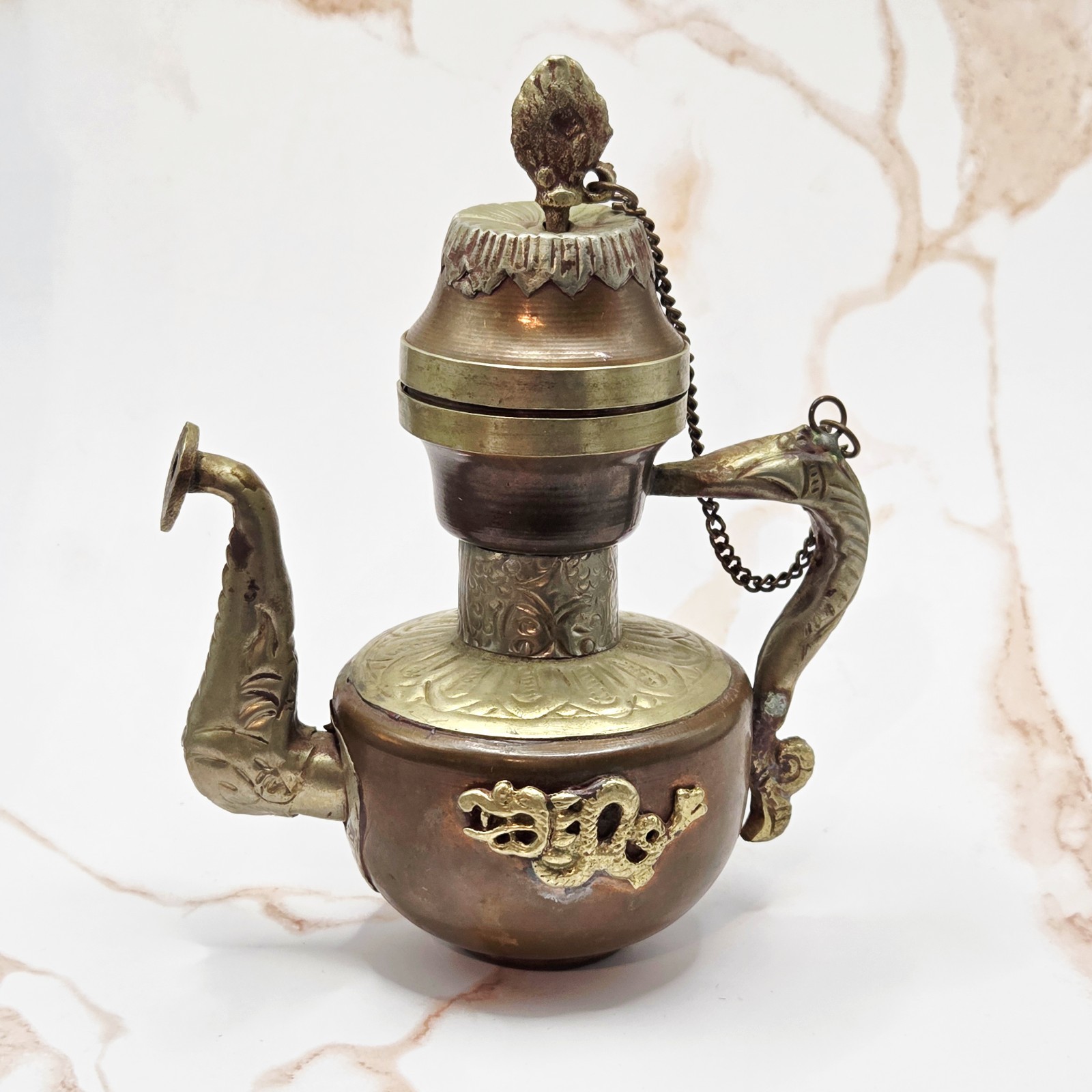 ANTIQUE / VINTAGE COPPER AND BRASS TIBETAN TEAPOT WITH DRAGON