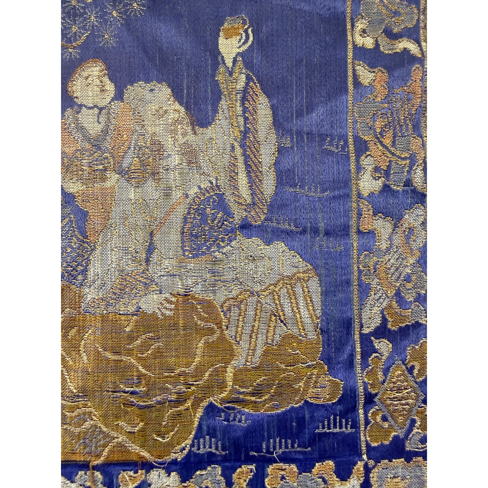 Antique Chinese Silk Brocade Cranes & Scholars Tapestry 18x10in