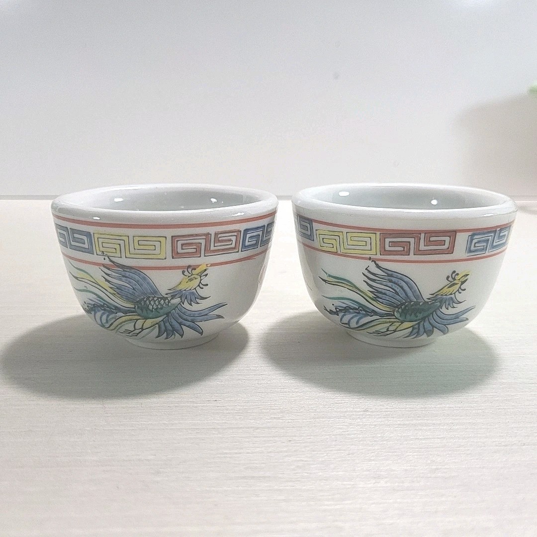 Vintage Dragon Phoenix Tea Saki Porcelain Cup Made in Japan, Set Of 2