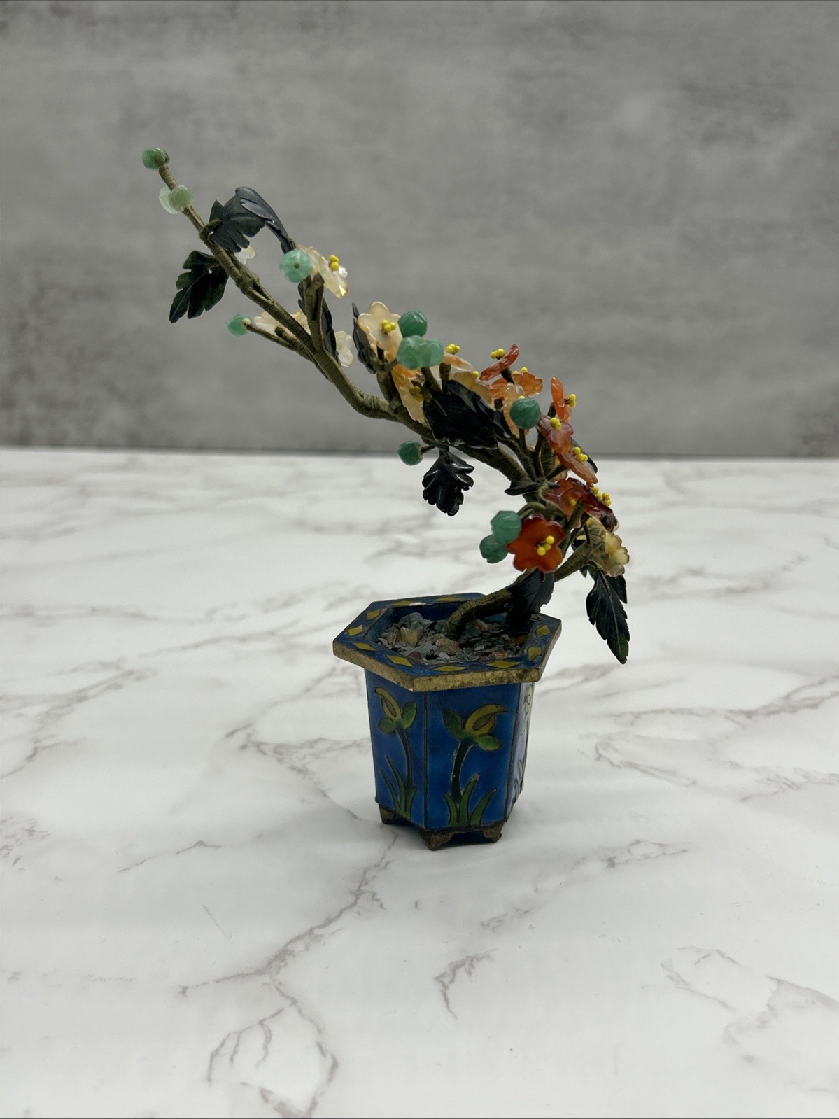 Chinese Carved Jade Agate Carnelian Quartz Flowers Bonsai Tree Cloisonne Enamel