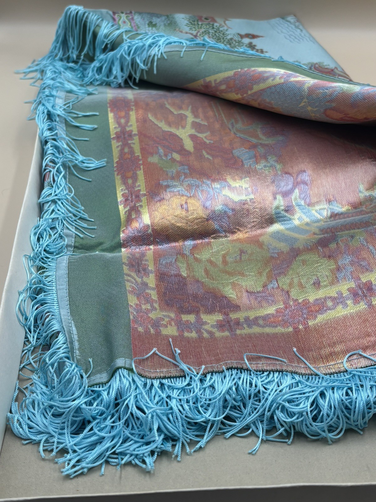 Vintage Silk Brocaded Flowers China Tapestry Table Cloth Box Bright Blue Fringe