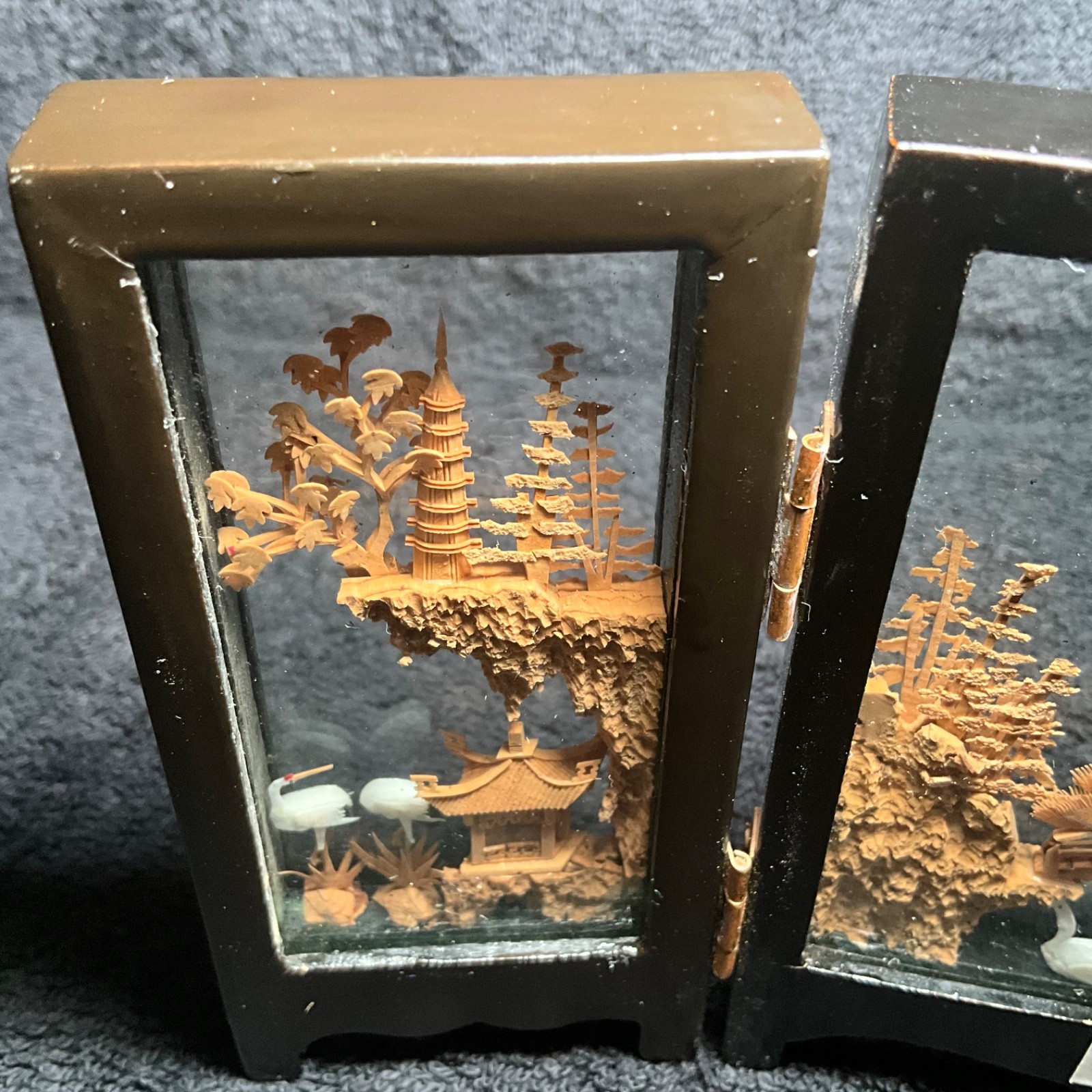 2x-VTG SAN YOU Tri-Fold Oriental Hand Carved Cork Pagoda Diorama w Cranes