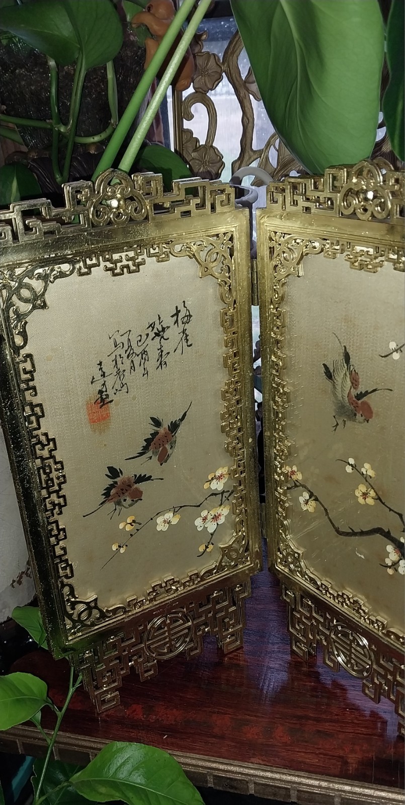 Vintage Chinese Folding Table Top Screen Handpainted 4 Panel fabric