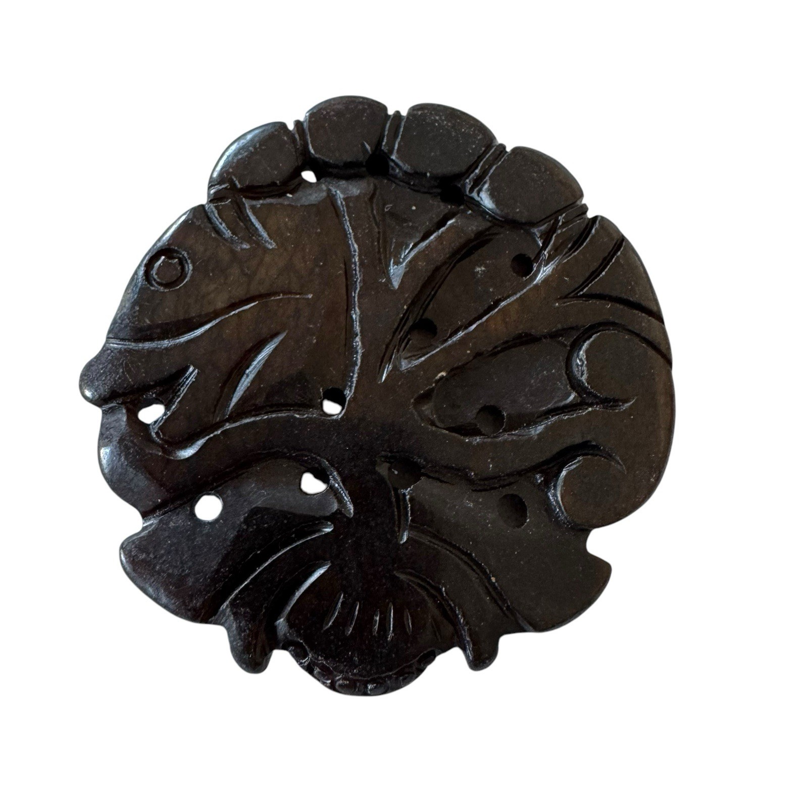 Vintage Chinese Carved Black Onyx Pi Donut Pendant Fish Motif