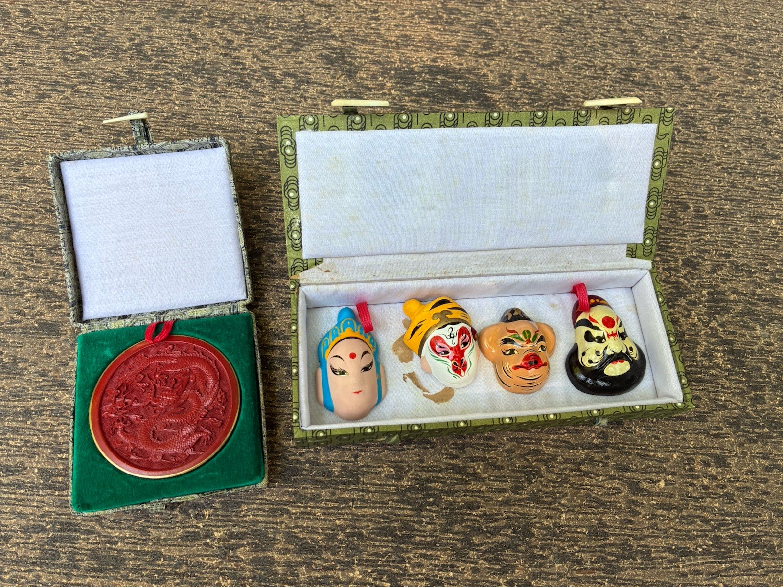 Chinese carved lacquer medallion and ceramic face mask miniatures