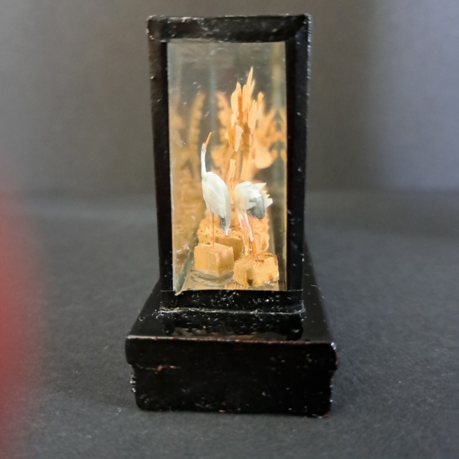 Carved Chinese Cork Diorama Shadow Box Sculpture In Glass Cranes Trees Pagoda