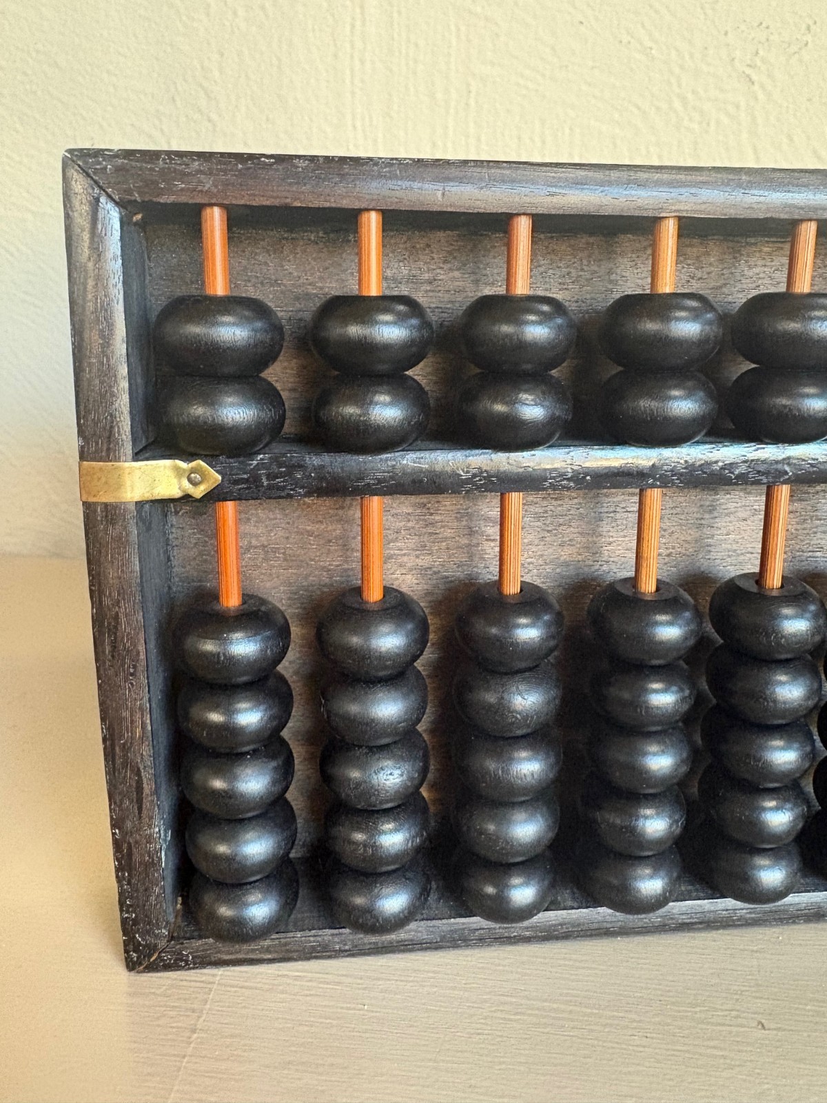 Vtg Wood and Brass Abacus Calculator Decor Piece Japan 9 Rods 63 Beads