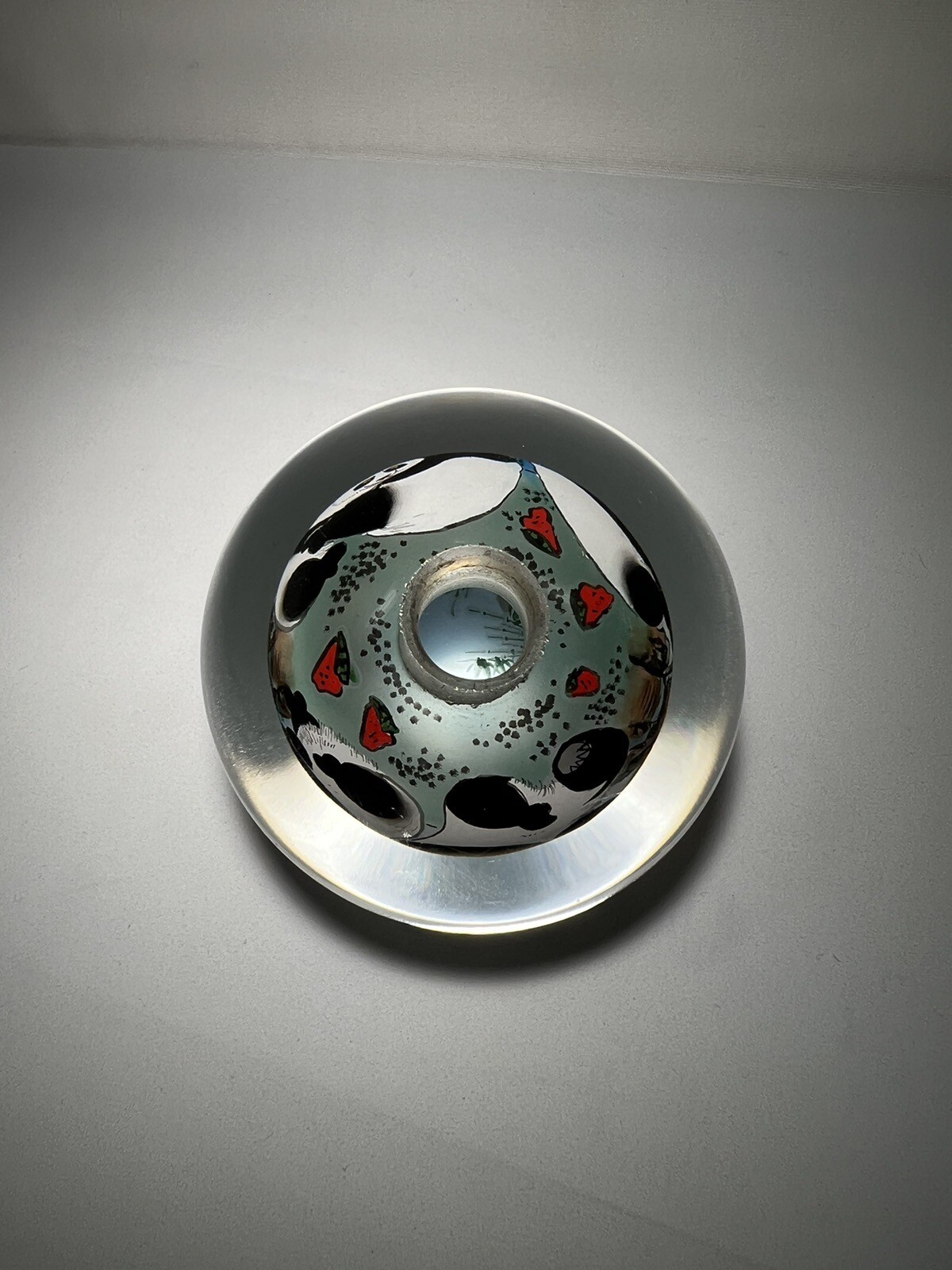 Chinese Glass Ball Sphere Paperweight Reverse Hand Painted Pandas Eat Watermelon