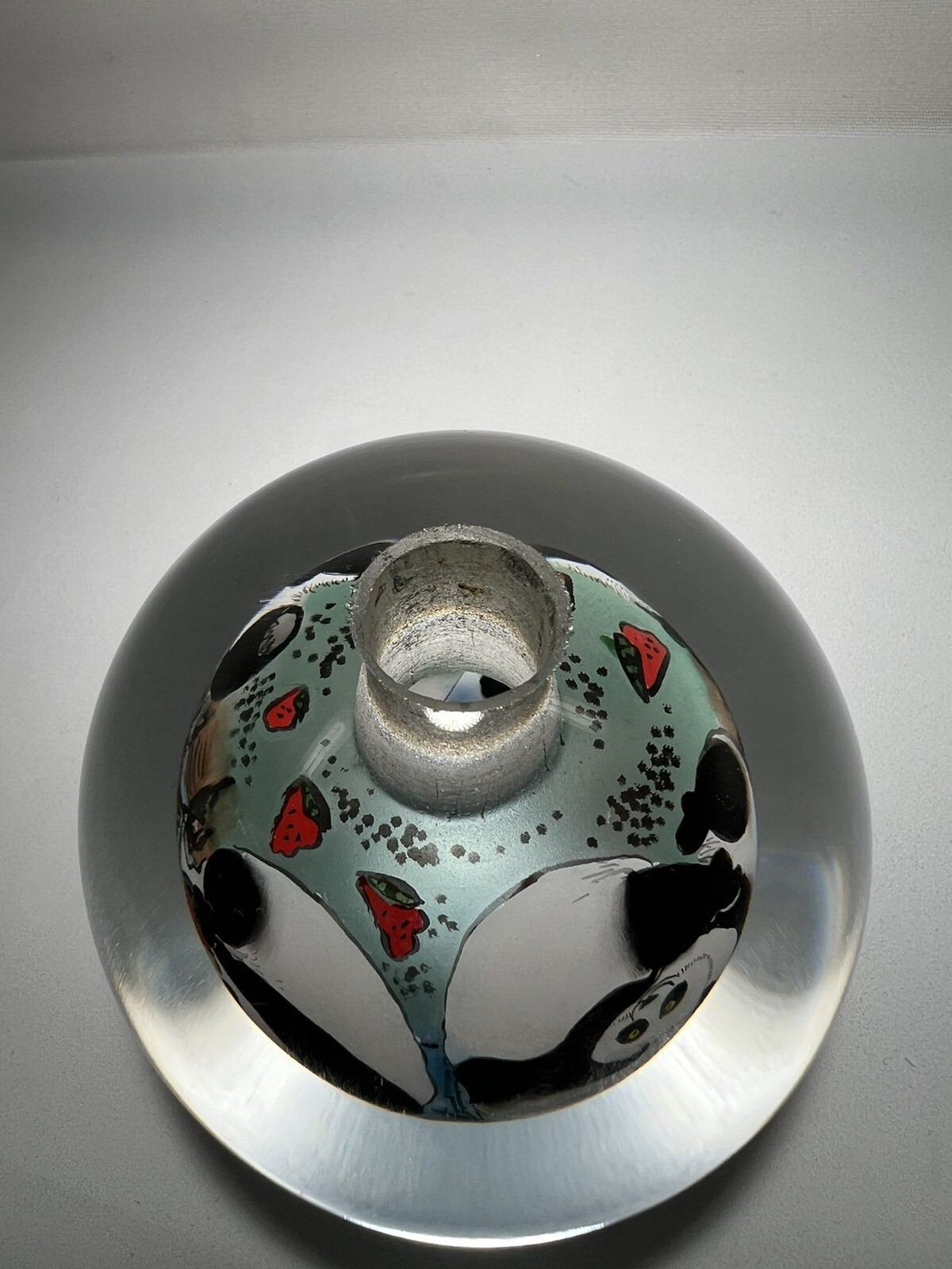 Chinese Glass Ball Sphere Paperweight Reverse Hand Painted Pandas Eat Watermelon