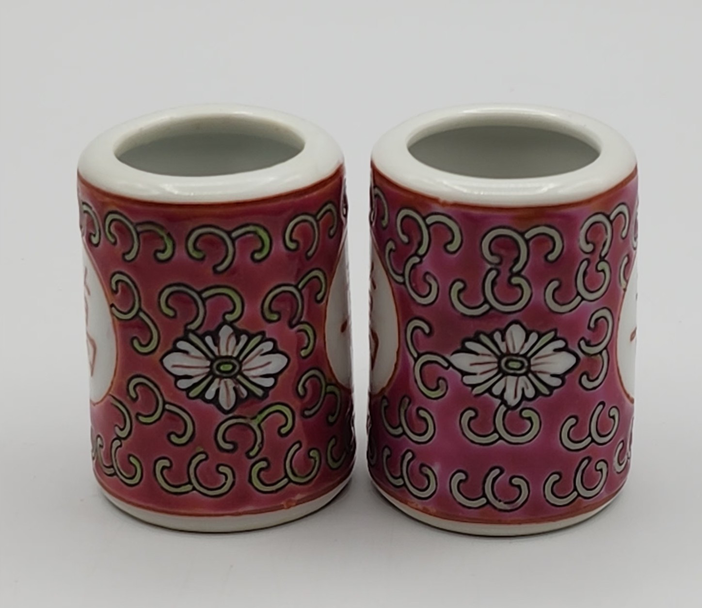 Mun Shou Longevity Red Porcelain Toothpick Holders Set of 2
