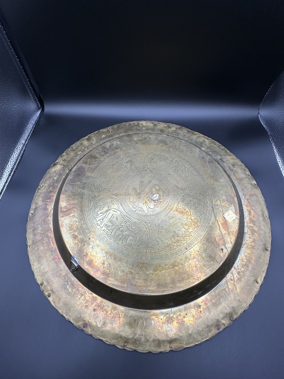 Pair Of Large Vintage 18” Chinese Etched Brass Wall Hanging Table Tray Decor