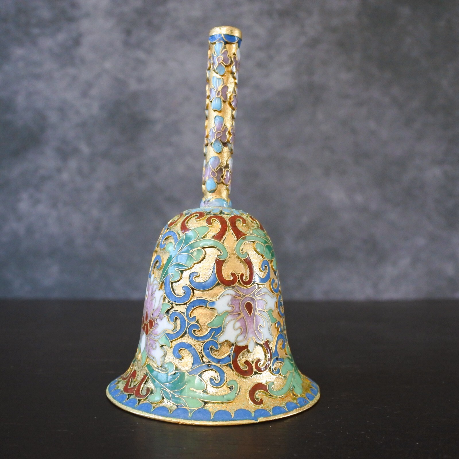 Vintage Chinese Cloisonne Enamel Floral Gold Metal Bell