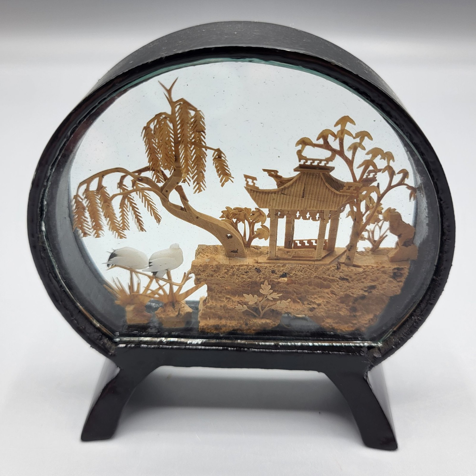 Vintage Chinese Landscape Cork Diorama Glass Dome Black Stand SMALL 3.5″ x 3.25″