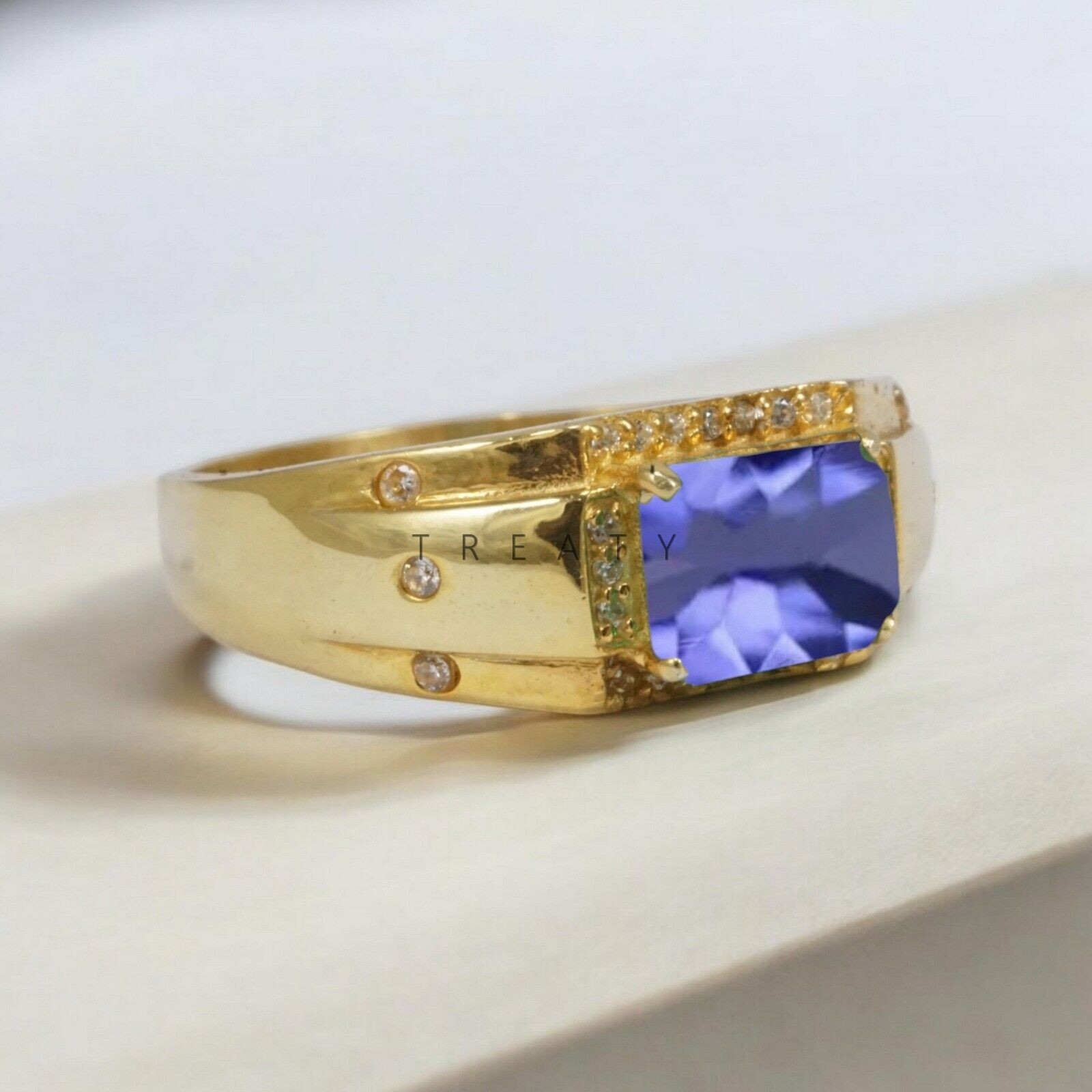Tanzanite Emerald Cut With 14k Yellow Gold Ring For Men’s #A127