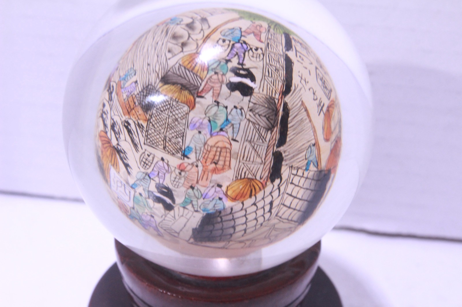 Qingming Festival River Map Reverse Hand Painted Glass Ball W Stand Paperweight
