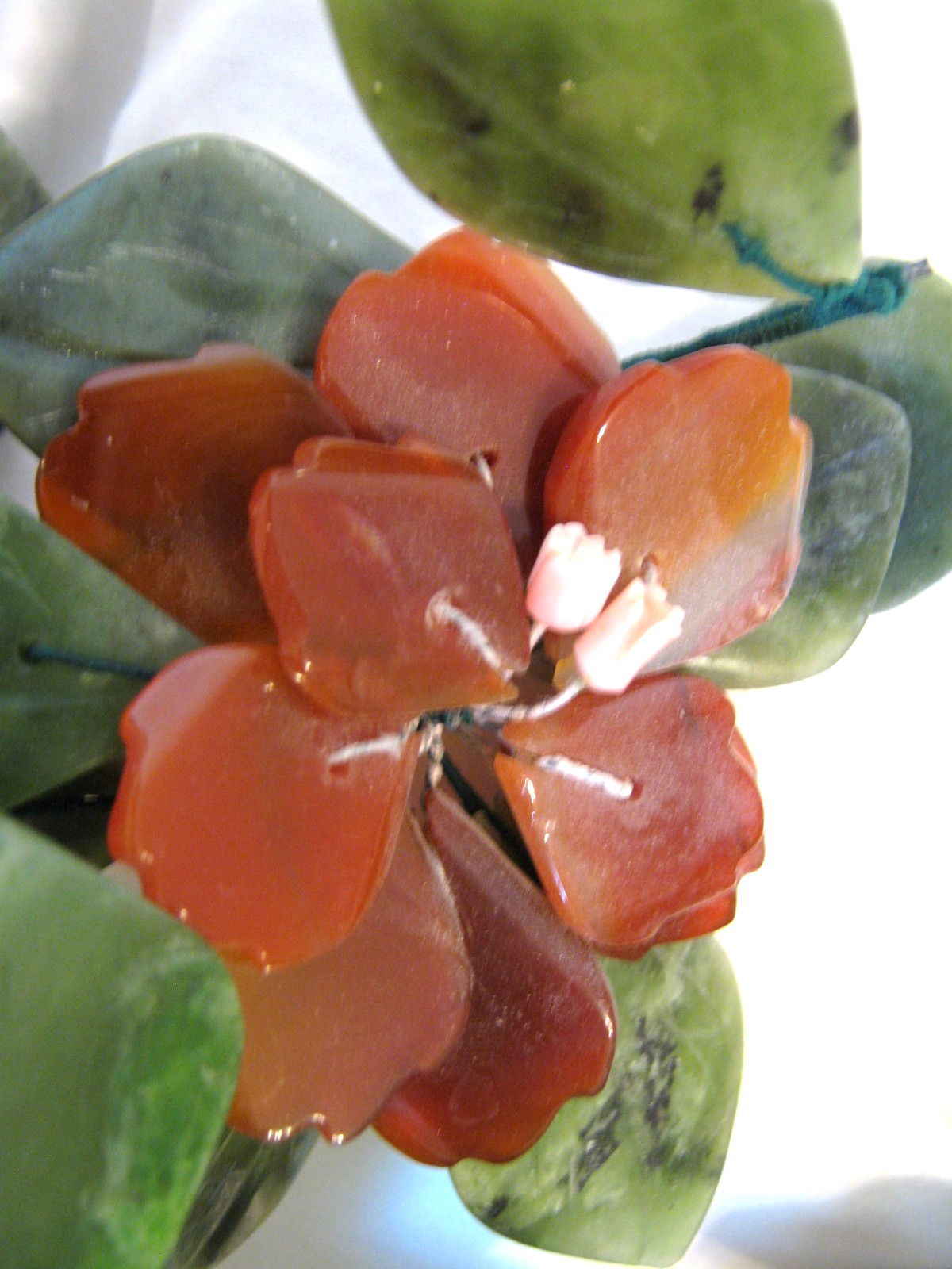 Chinese Jade Floral arrangement, Bonsai Tree, stone flowers & pot approx. 9″x6″