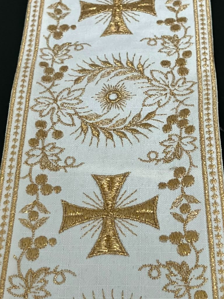 Liturgical Religious Lame Cross Gallons Banding Gold on White 1 Yard USA Made