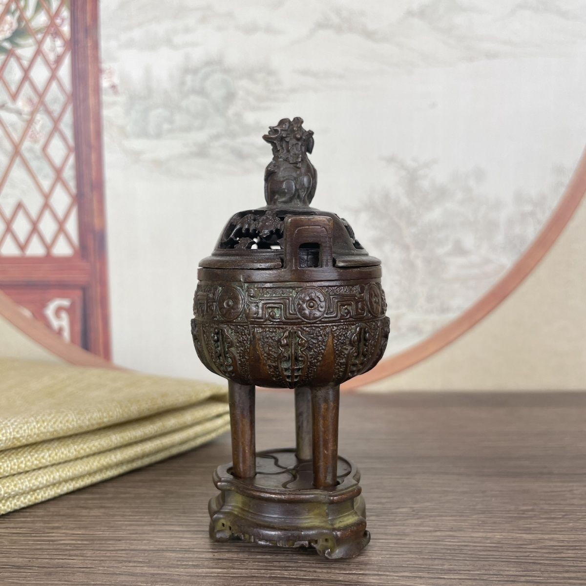 Antique Bronze Tripod Censer Lion Lid Incense Burner Copper Collection Decor