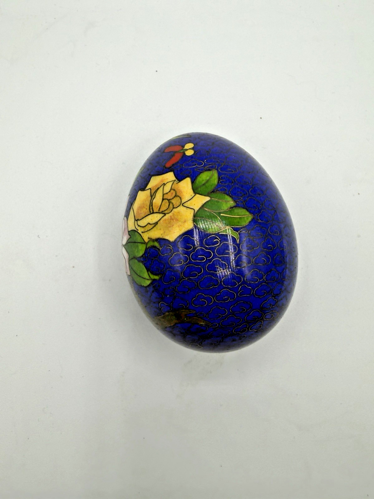 Vintage Chinese Cloisonné Enamel Egg Closed Incense Burner Blue Floral Design