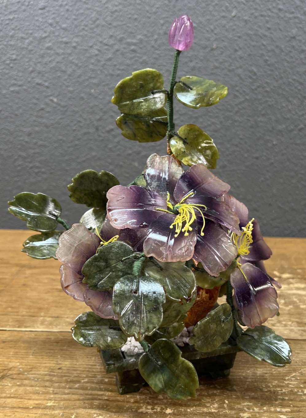 Vintage Japan Carved Stone Jade Bonsai Flowering Tree