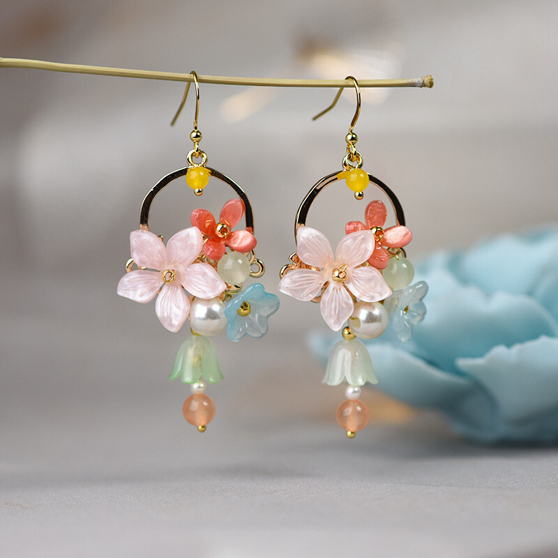 China Agate/Coloured Glaze Gild Flower Small Bell Tibetan Style Earbob Earrings