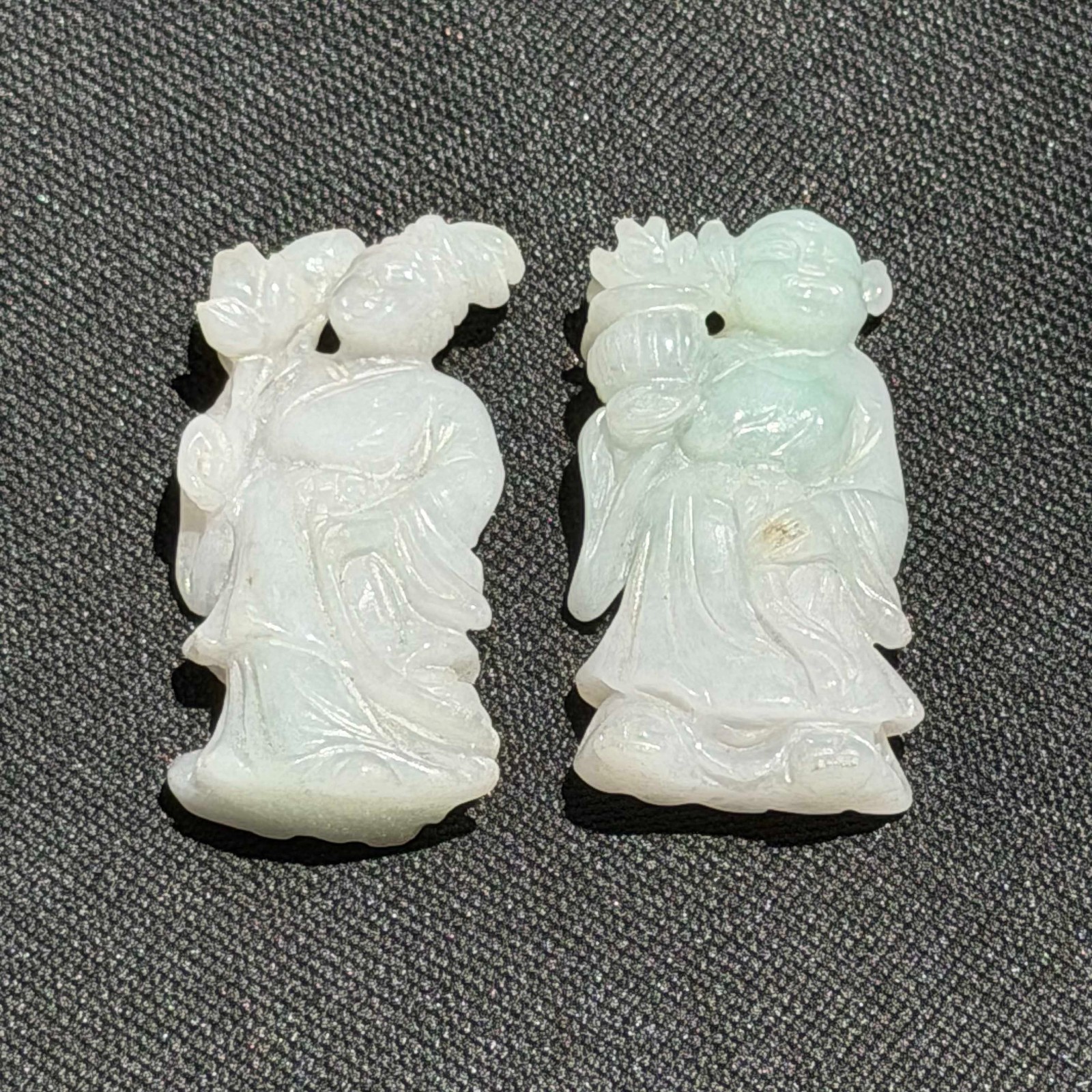 Vtg Chinese Jadeite Scholar Figures Carved Pendant Pair (AHB)