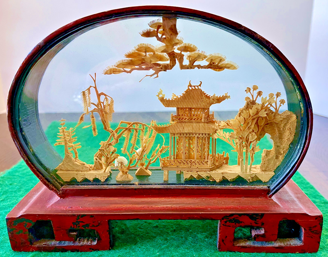 Vintage Chinese San You Cork Carving Diorama w/Pagod Trees & Cranes Wooden Stand