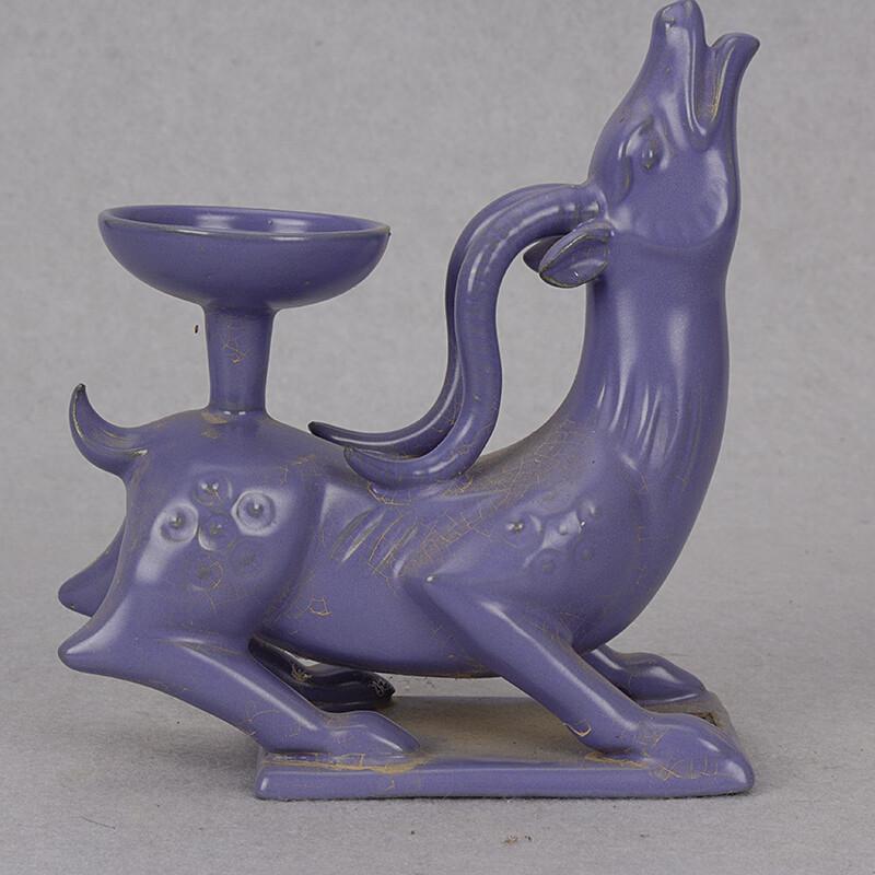 6.7″ China Porcelain Ru Kiln Purple Glaze 12 Zodiac Animal Sheep Oil Lamp Statue