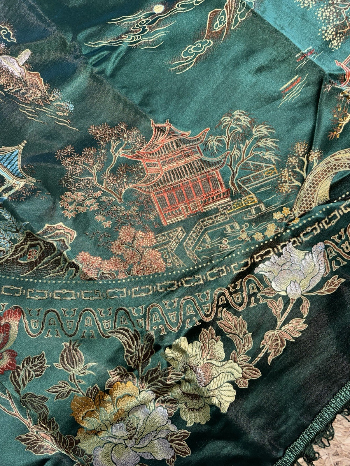VTG Hangzhou Chinese Silk Brocade Piano Scarf Dragon Phoenix Tablecloth 48”