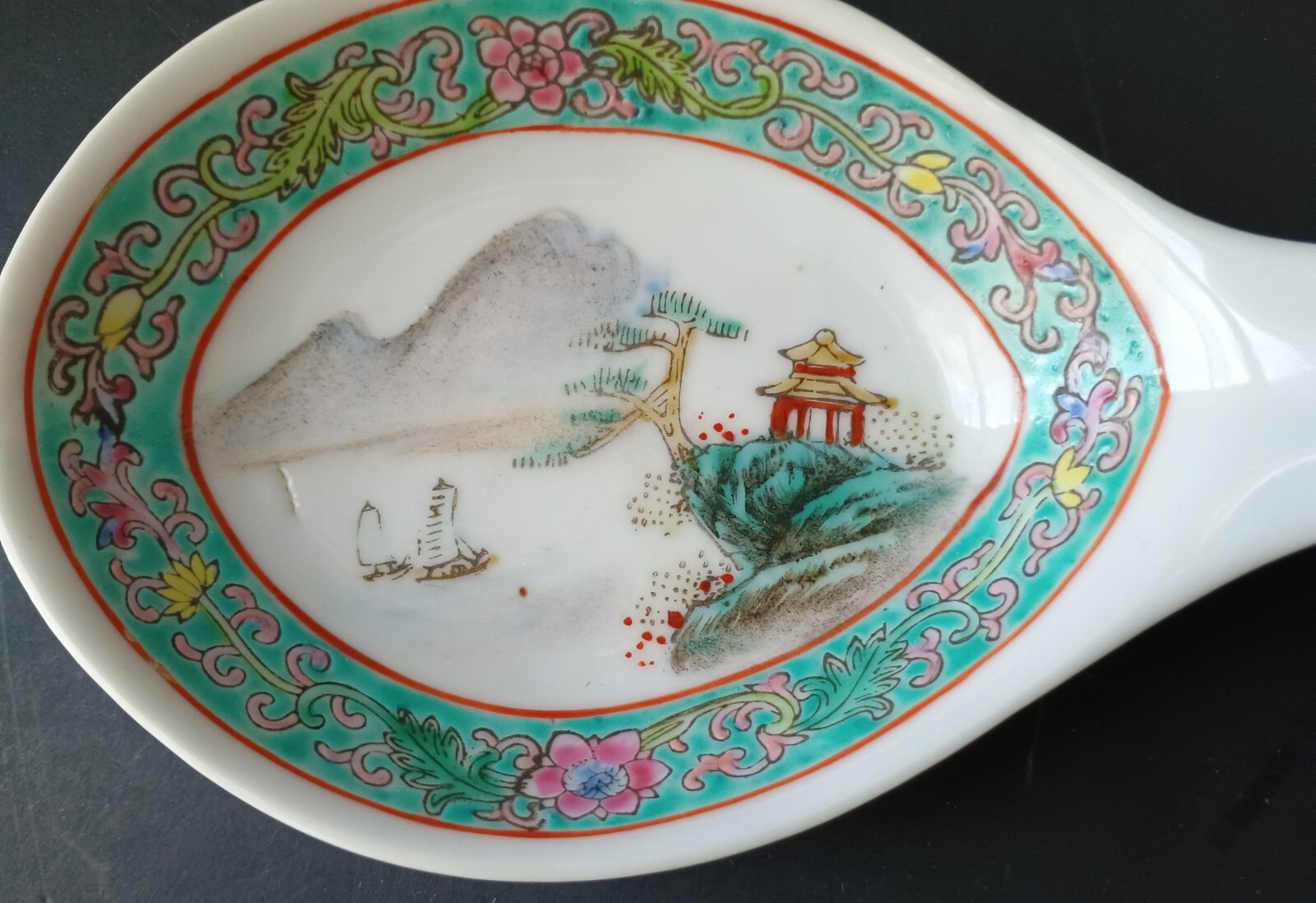 Large Vintage Chinese Hand Painted Porcelain Serving Spoon, Turquoise, Marked