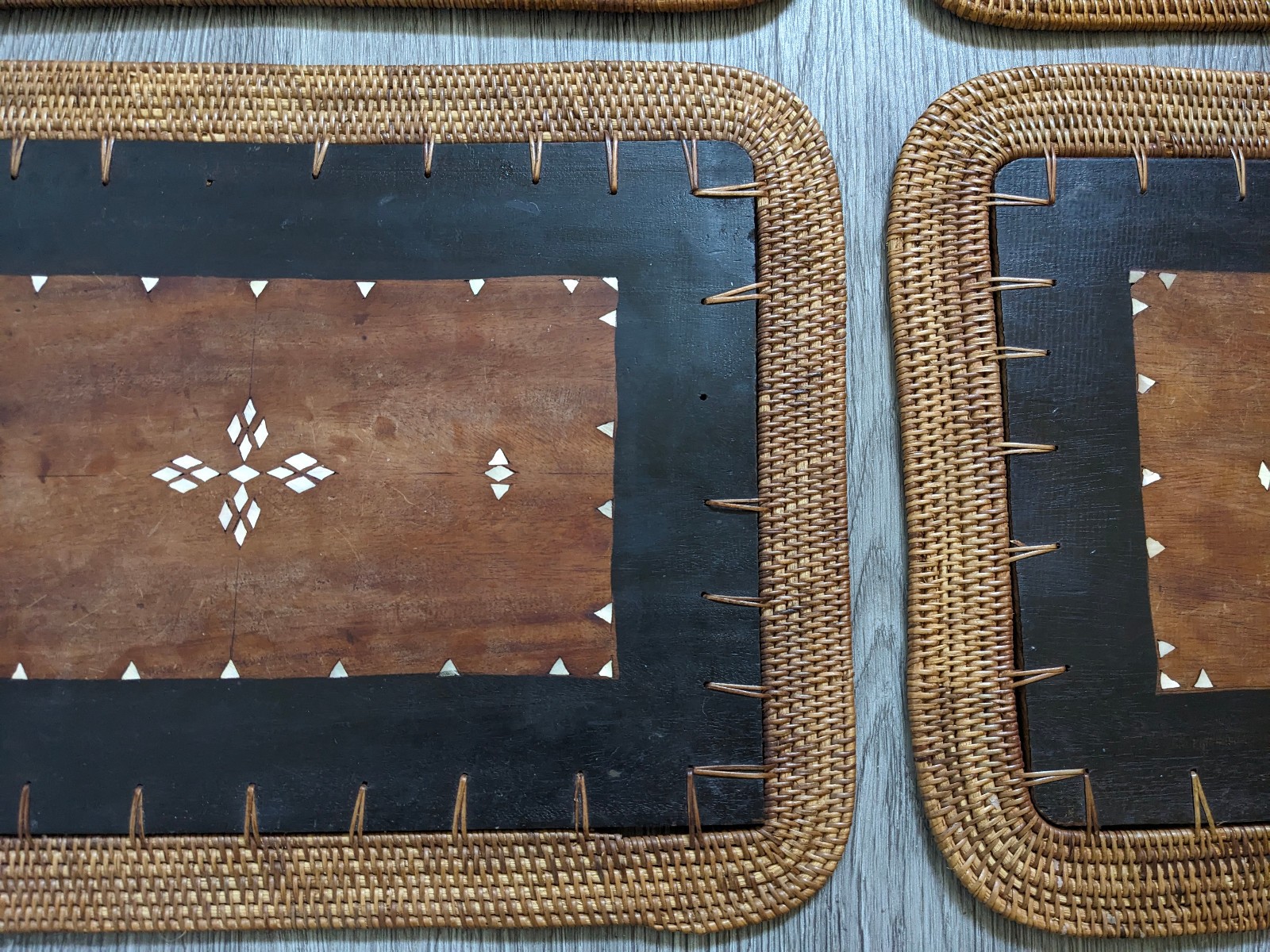 Vintage Mid Century Rattan Wood Placemats Shell Inlay Chinese Coin Boho Set of 8