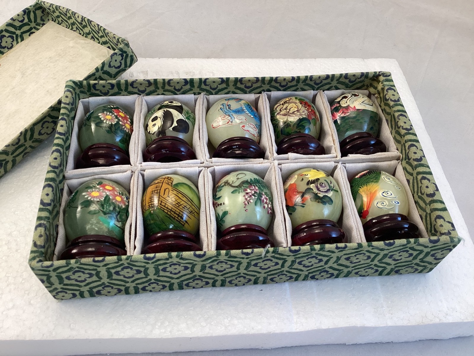 Set of 10 Hand Painted Asian Jade Eggs w/stands Pandas Birds Flowers Great Wall