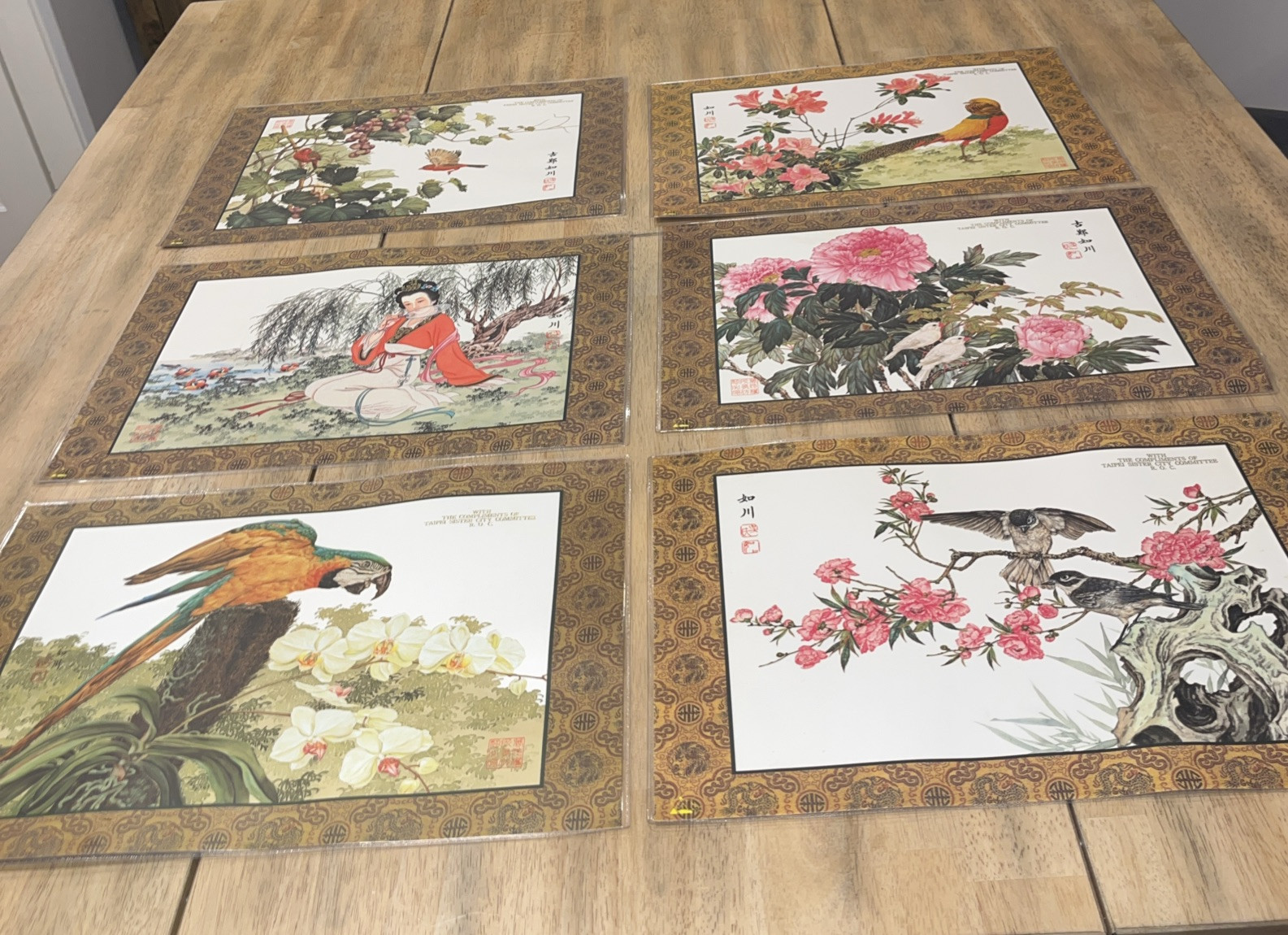 H136~ Chinese Silk Placemats Hand Painted Watercolors Double Sided Laminate