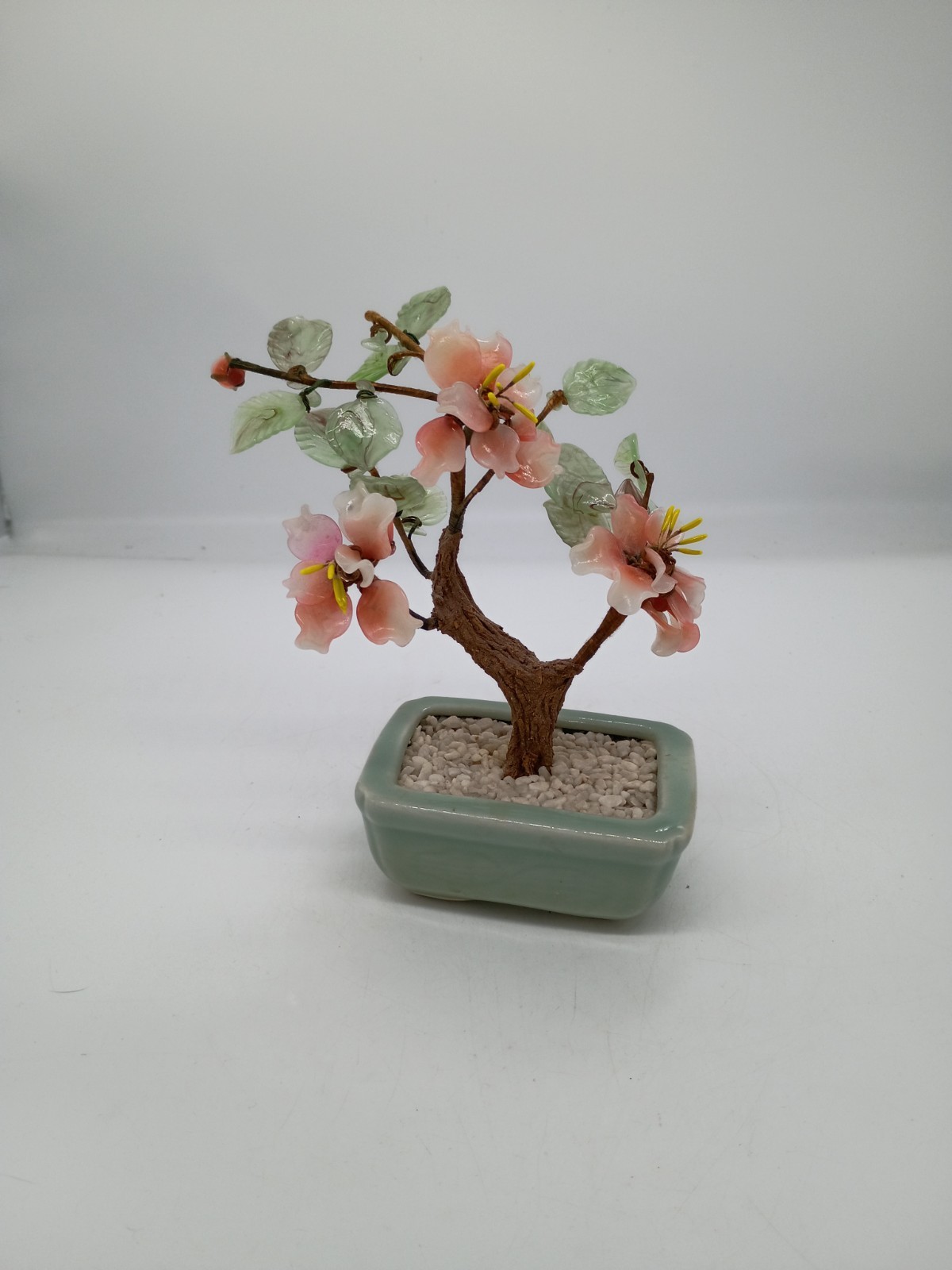 Chinoiserie Green Jade & Pink Rose Quartz Faux Bonsai Tree in Celedon Planter 7″