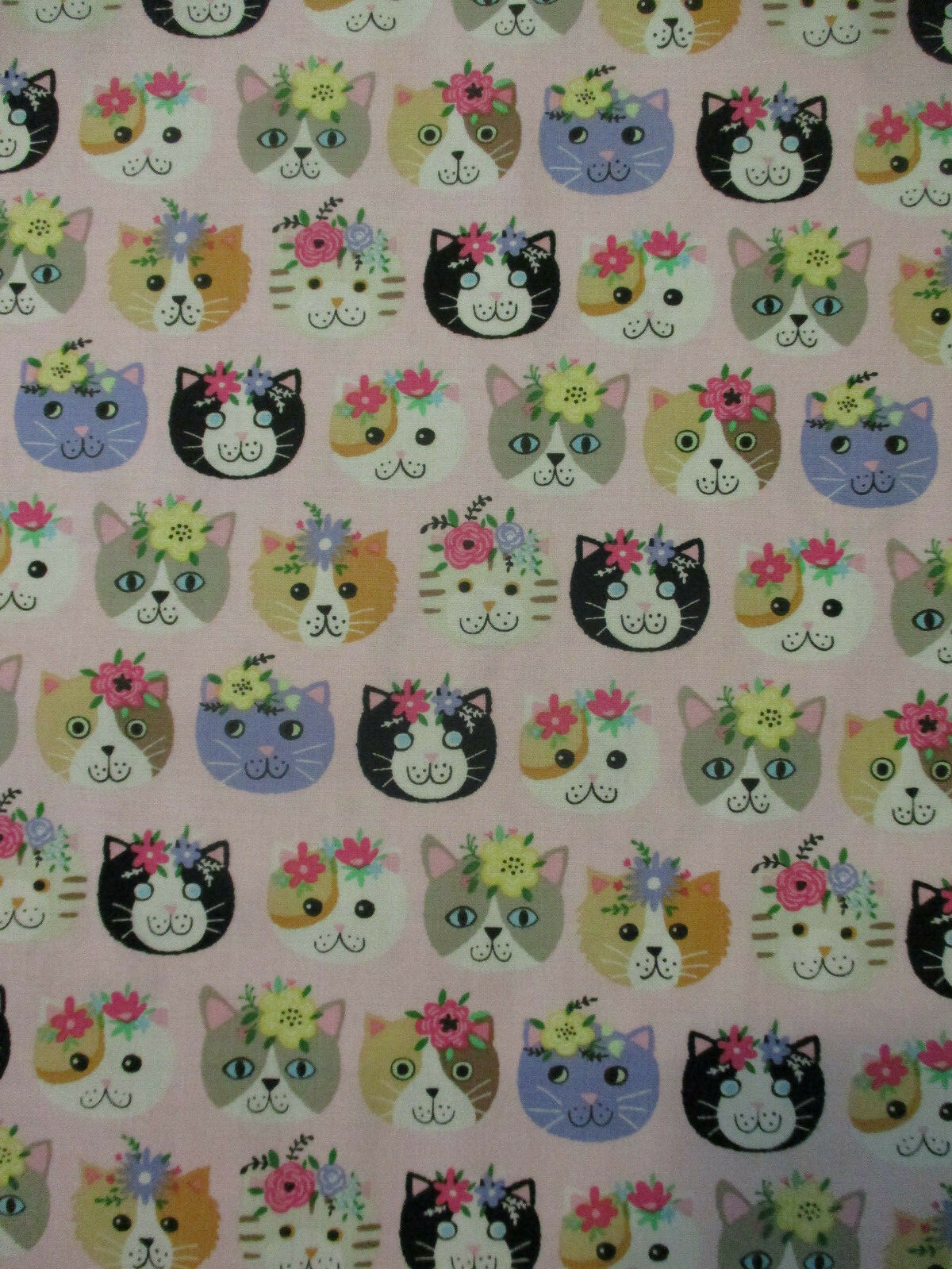 CATS FACES FLOWERS CAT ICON PINK KITTY COTTON FABRIC FQ