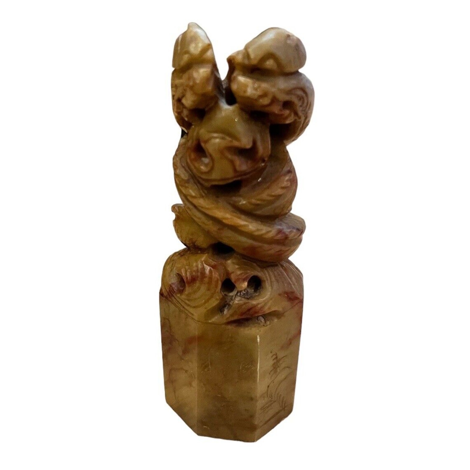 Chinese Carved Soapstone Dual Dragon Chop Very Detailed 4.5” Tall Large