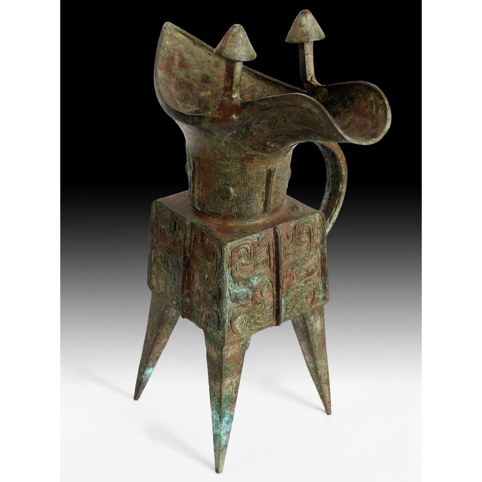 Vintage Chinese Shang Dynasty Style Museum Libation Bronze Jue Vessel 12”H 饕餮銅方爵