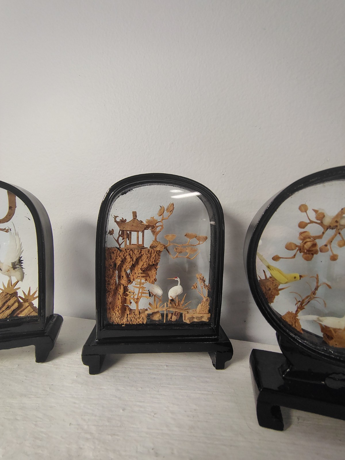 6 Vintage Chinese Cork Carving Art Dioramas 3.75″ H