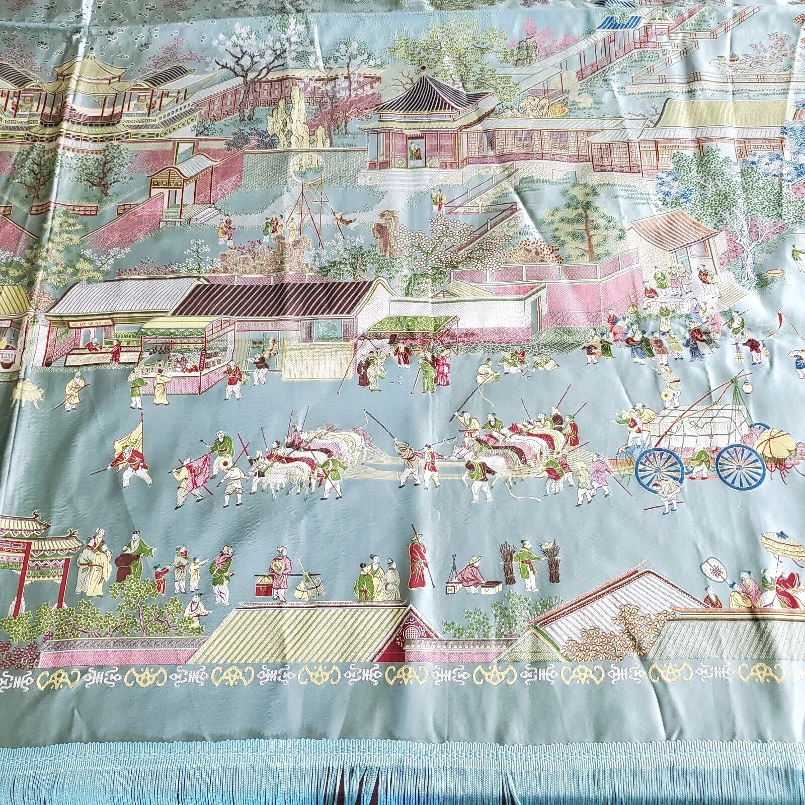 Vintage Gorgeous “Brocaded Flowers” Chinese Silk Tapestry Tablecloth 80″x54″