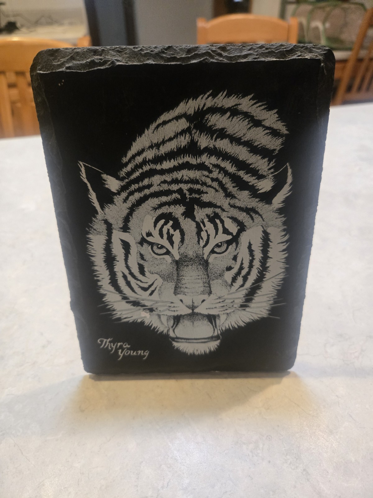 Etched Tiger On a 8 6 ” Piece Of Black Slate Thyra Young Ftank Weng & Assoc