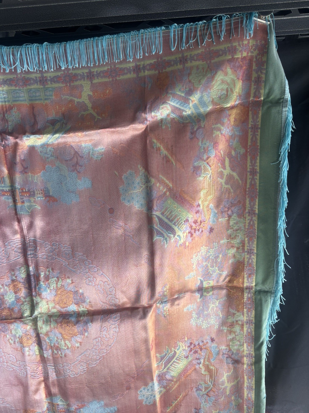 Vintage Silk Brocaded Flowers China Tapestry Table Cloth Box Bright Blue Fringe